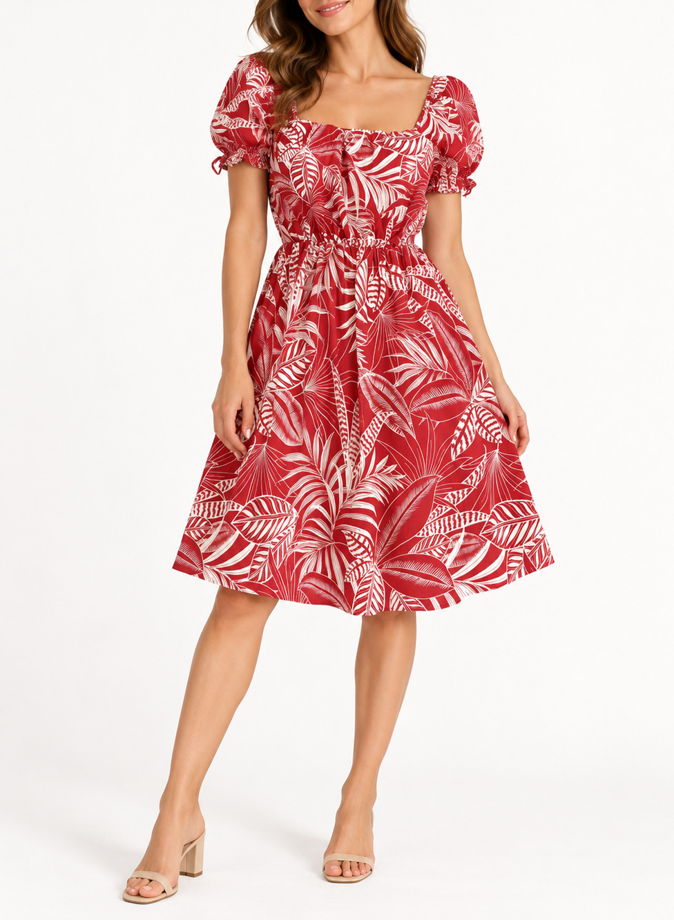 Banana Republic Size L Red Palm Leaf Print Dress Pullover Elastic Waist Lined